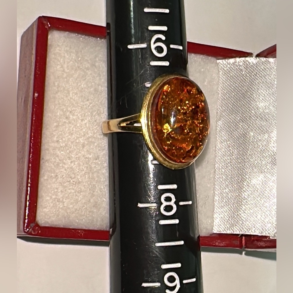 Solid 14K Yellow Gold Natural Oval Baltic Amber Ring Vintage Estate - Picture 11 of 14